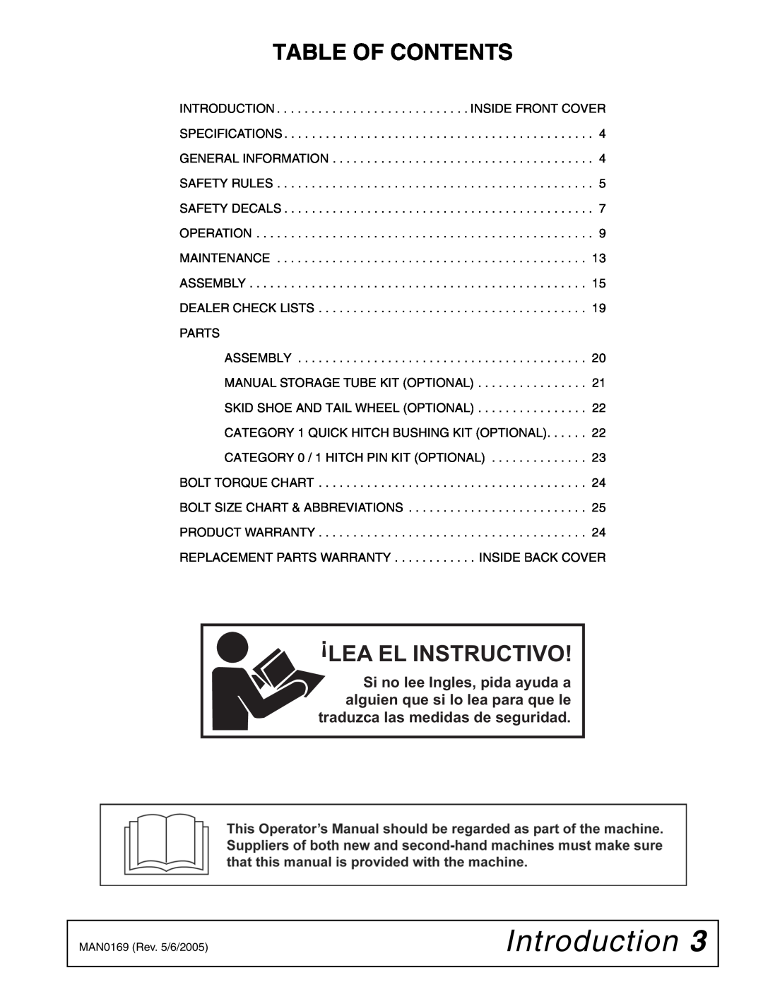 Woods Equipment RBC60 LRC60 manual Introduction, Table Of Contents, Lea El Instructivo 