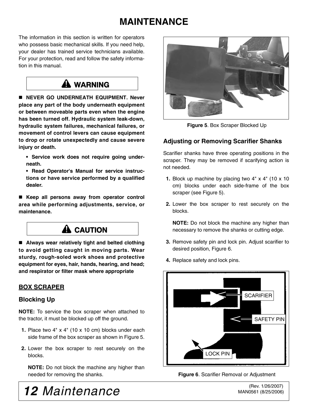 Woods Equipment RBE5, RBE4, BSE5 manual Maintenance, BOX Scraper, Blocking Up, Adjusting or Removing Scarifier Shanks 