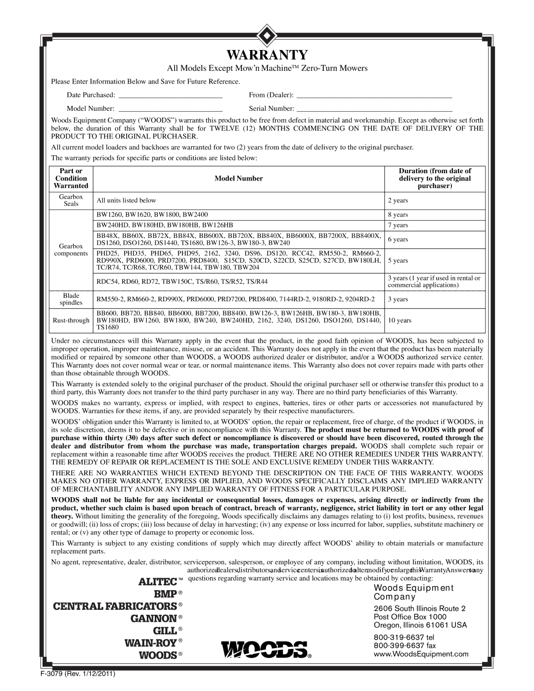 Woods Equipment RBE4, RBE5, BSE5 manual Warranty 