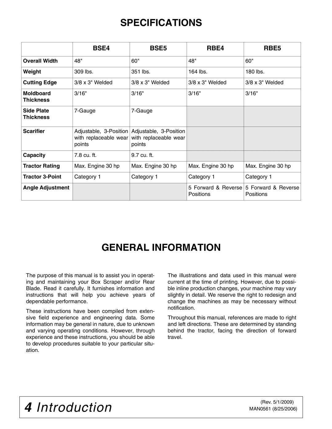 Woods Equipment manual Specifications, General Information, BSE4 BSE5 RBE4 RBE5 