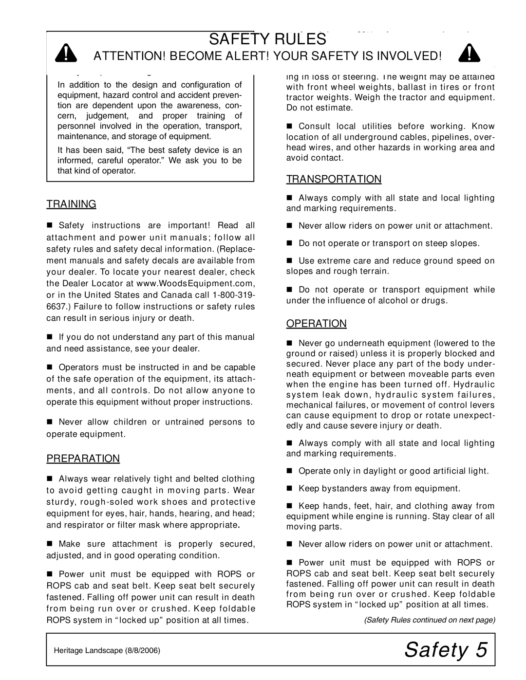 Woods Equipment BSE5, RBE5, RBE4 manual Safety, Training, Preparation, Transportation, Operation 