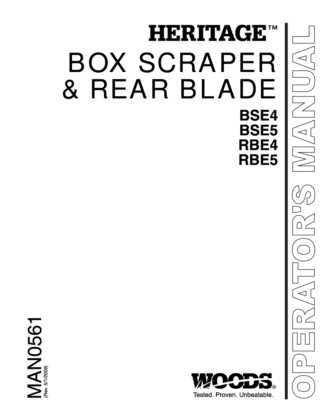 Woods Equipment manual Box Scraper &Rear Blade, Heritage, MAN0561, BSE4 BSE5 RBE4 RBE5, Operators Manual 