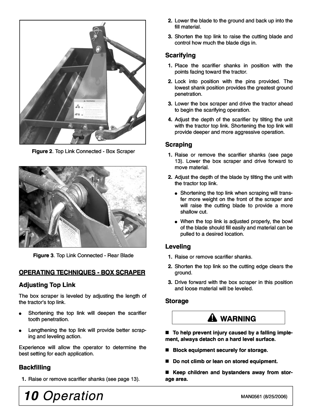 Woods Equipment RBE4 Operation, Operating Techniques - Box Scraper, Adjusting Top Link, Backfilling, Scarifying, Scraping 