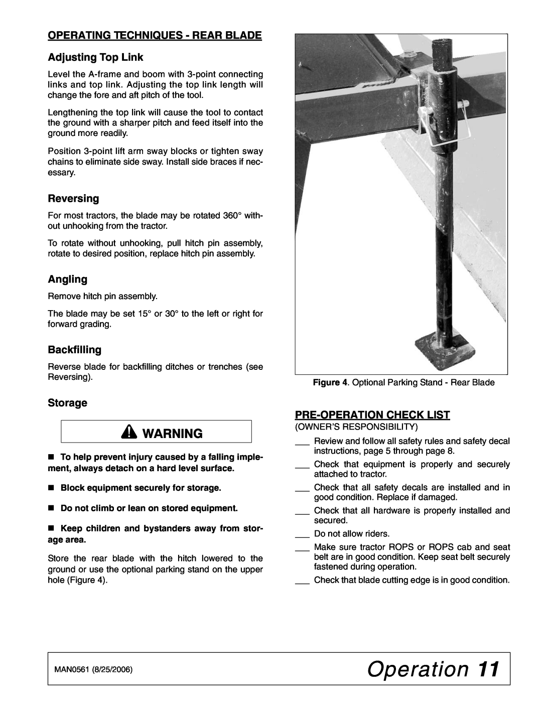 Woods Equipment BSE5 Operating Techniques - Rear Blade, Reversing, Angling, Pre-Operationcheck List, Adjusting Top Link 