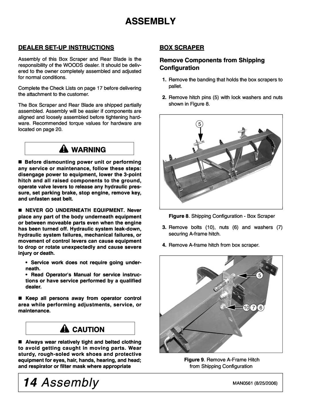 Woods Equipment BSE5, RBE5 Assembly, Dealer Set-Upinstructions, Box Scraper, Remove Components from Shipping Configuration 