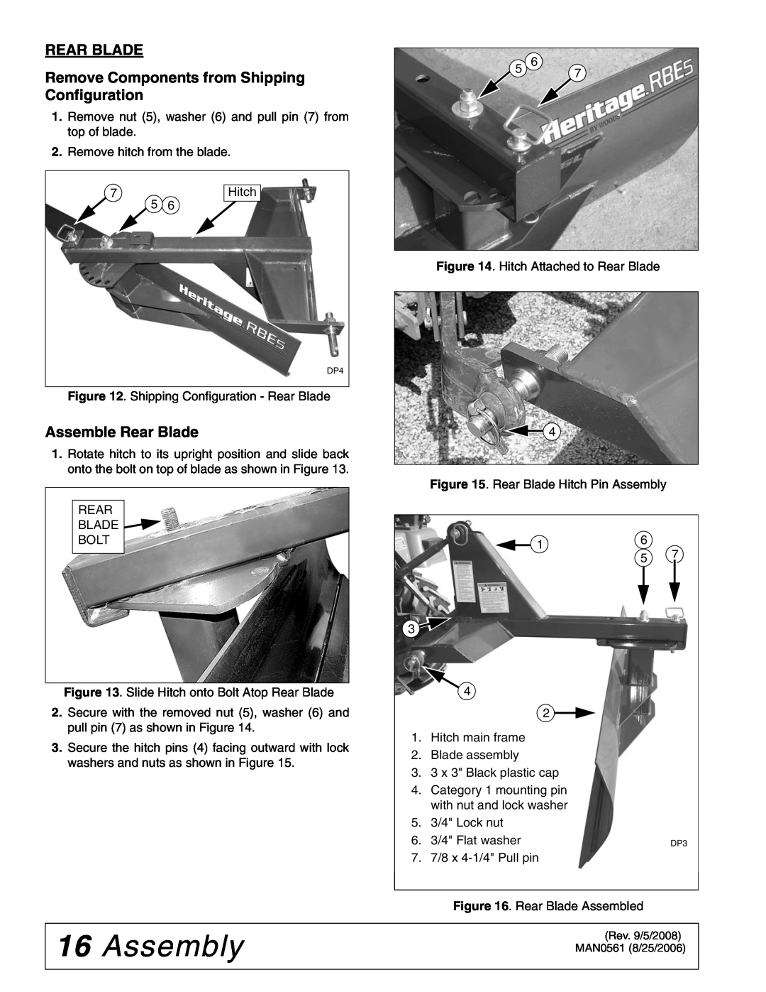 Woods Equipment RBE4, RBE5, BSE5 manual 16Assembly, Assemble Rear Blade, Remove Components from Shipping Configuration 