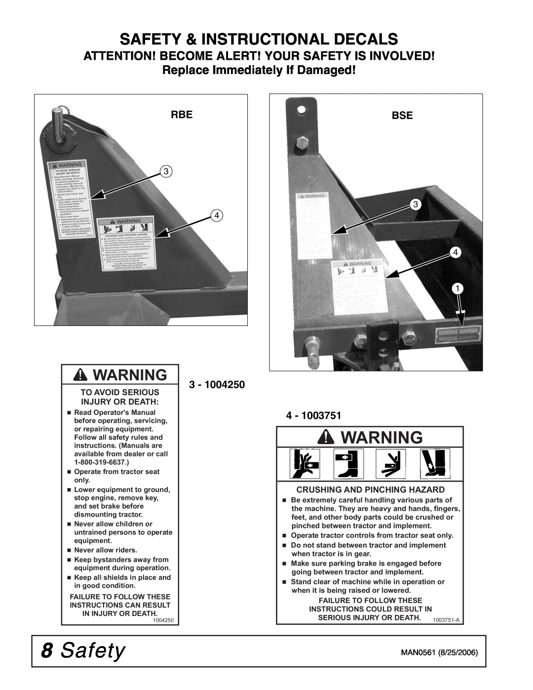 Woods Equipment BSE5, RBE5, RBE4 manual Safety & Instructional Decals, Attention! Become Alert! Your Safety Is Involved 