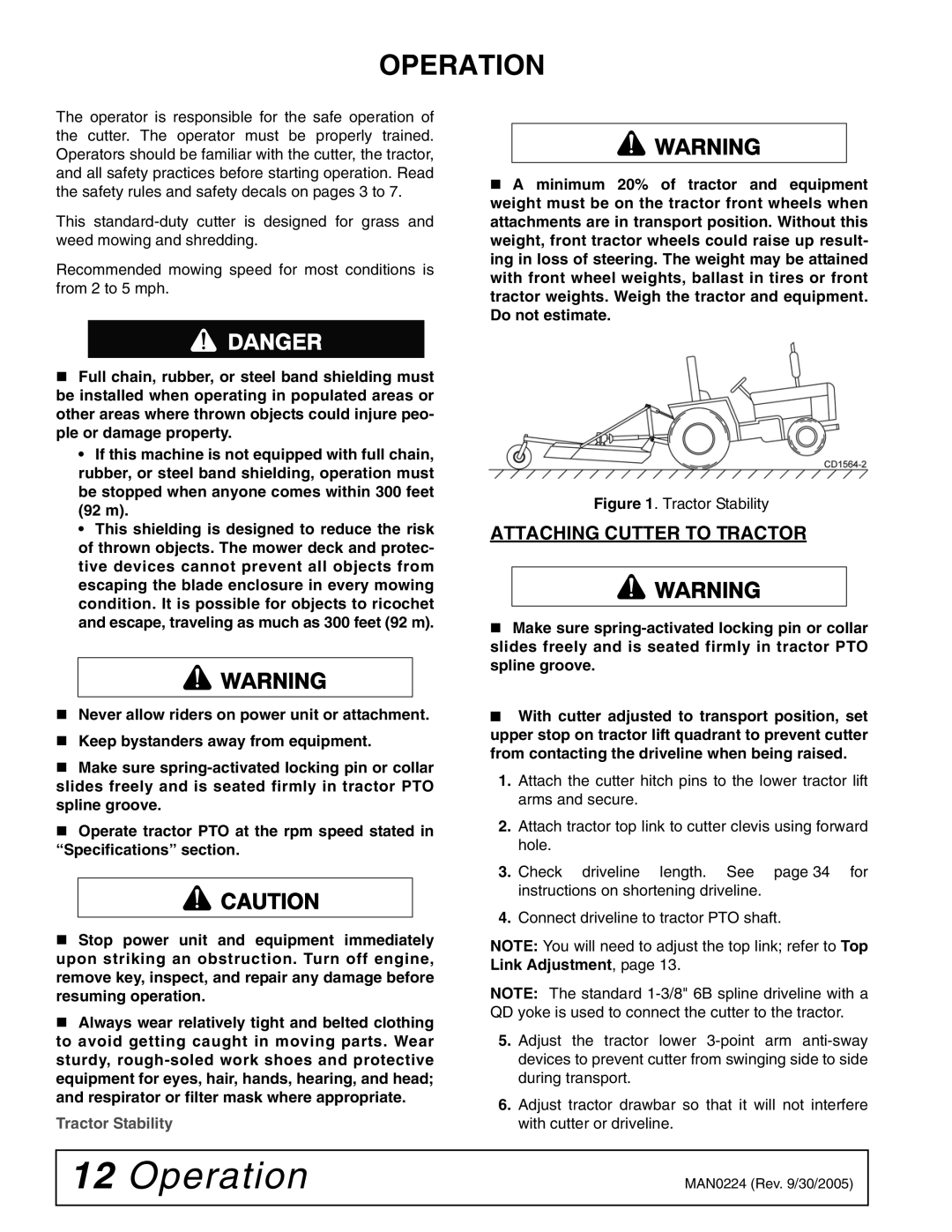 Woods Equipment RCC42 manual Operation, Attaching Cutter to Tractor 