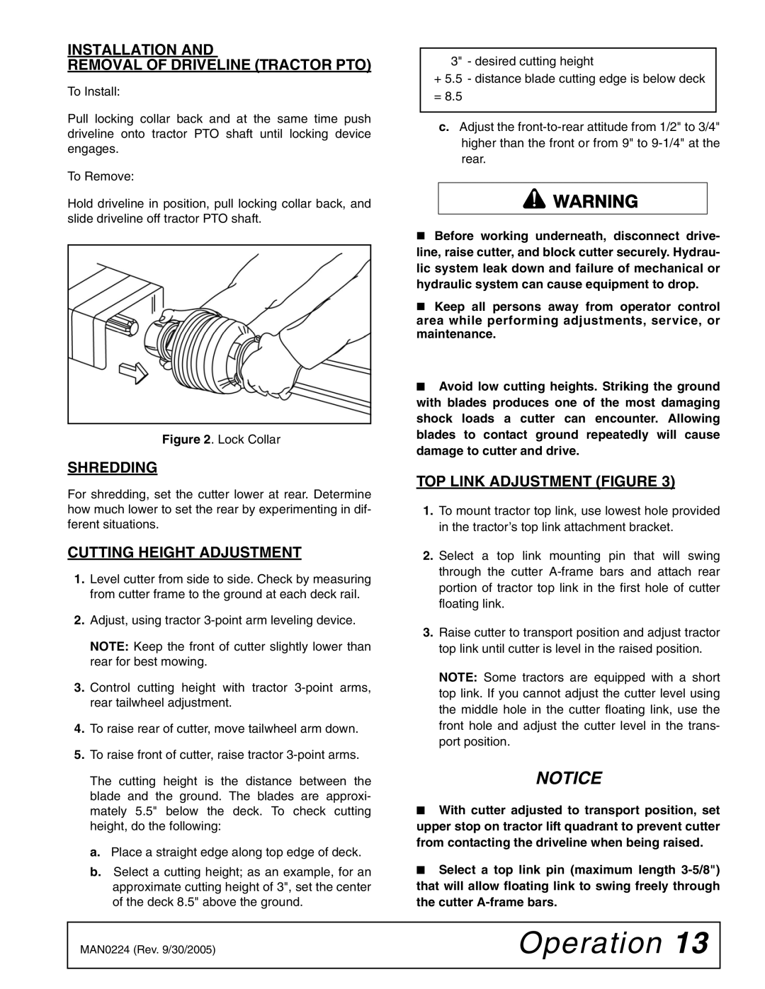 Woods Equipment RCC42 manual Installation Removal of Driveline Tractor PTO, Shredding, Cutting Height Adjustment 