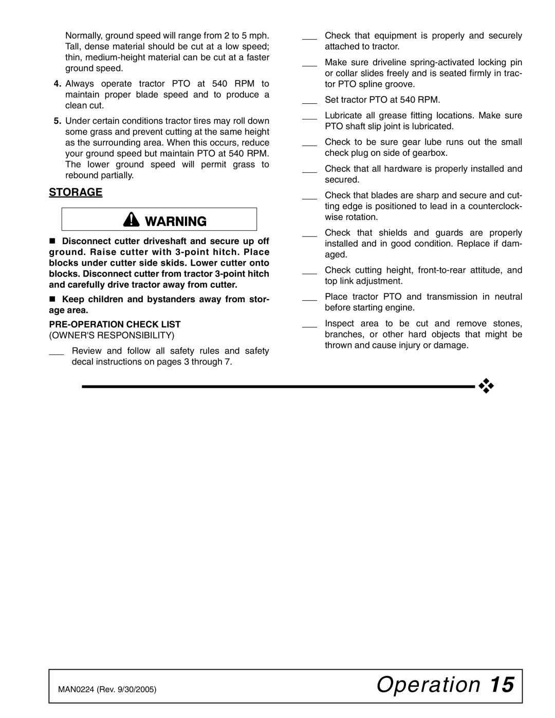 Woods Equipment RCC42 manual PRE-OPERATION Check List Owners Responsibility 