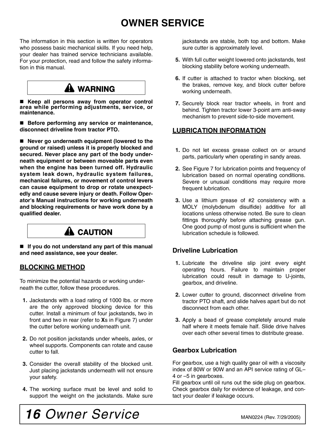 Woods Equipment RCC42 manual Owner Service, Blocking Method, Lubrication Information 