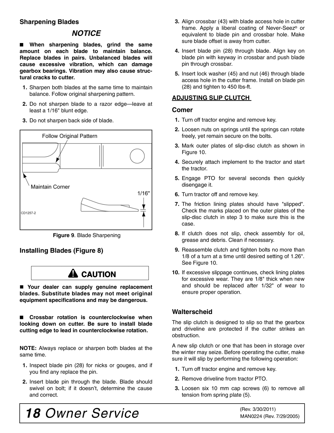 Woods Equipment RCC42 manual Sharpening Blades, Installing Blades Figure, Comer, Walterscheid 