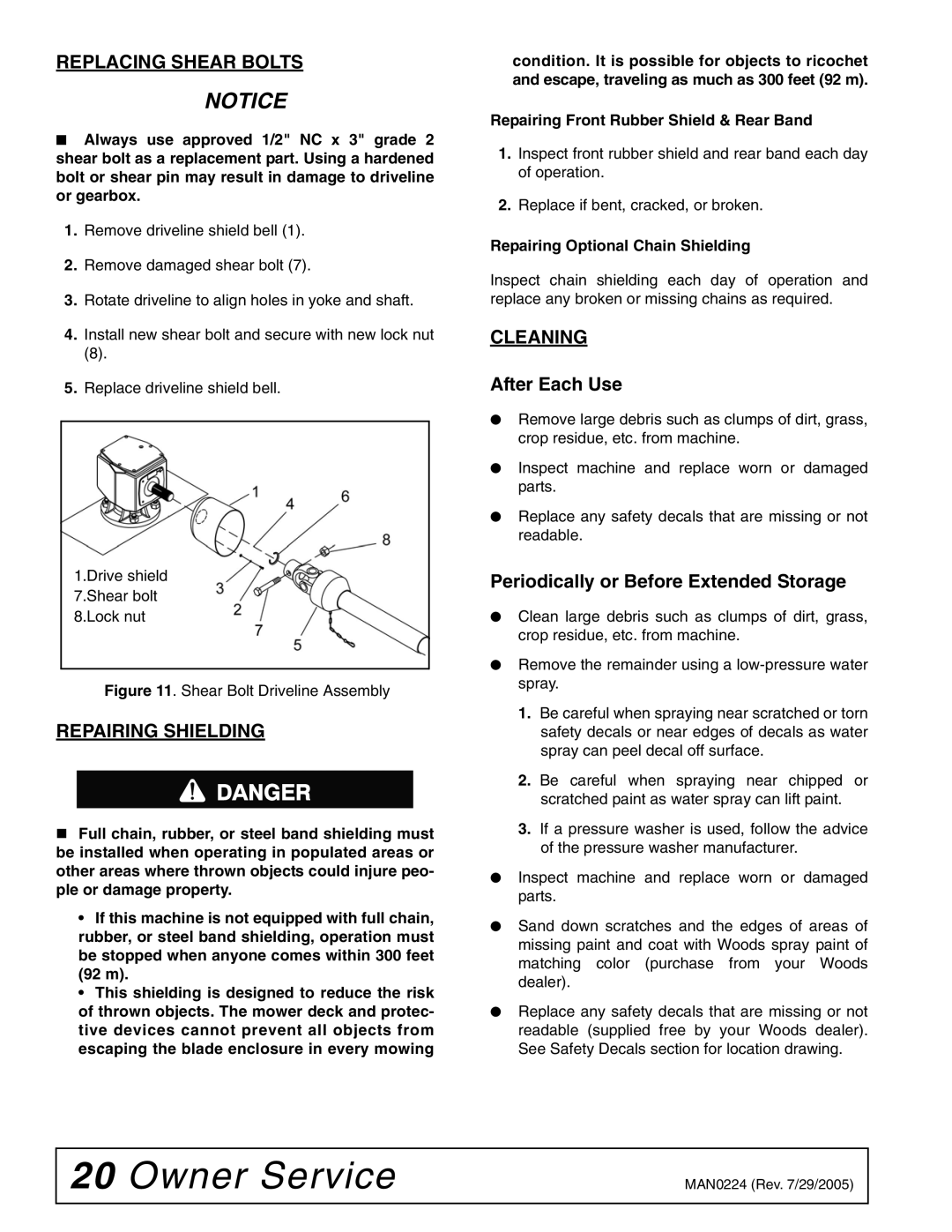 Woods Equipment RCC42 manual Replacing Shear Bolts, Repairing Shielding, Cleaning, After Each Use 