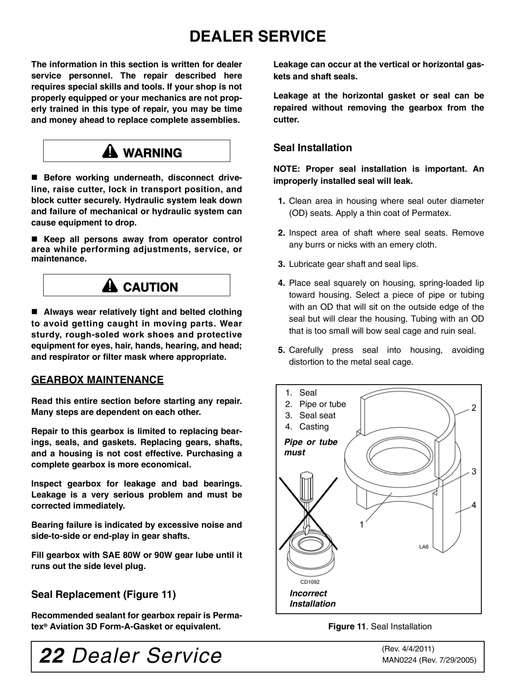 Woods Equipment RCC42 manual Dealer Service, Gearbox Maintenance, Seal Replacement Figure, Seal Installation 