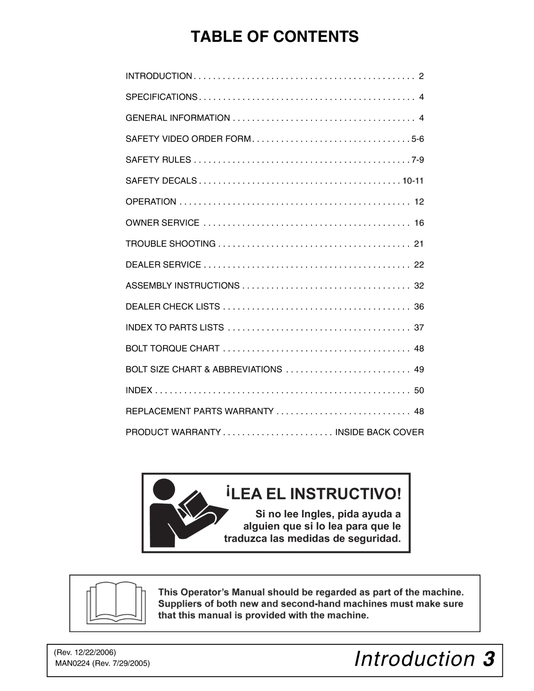 Woods Equipment RCC42 manual Table of Contents, LEA EL Instructivo 