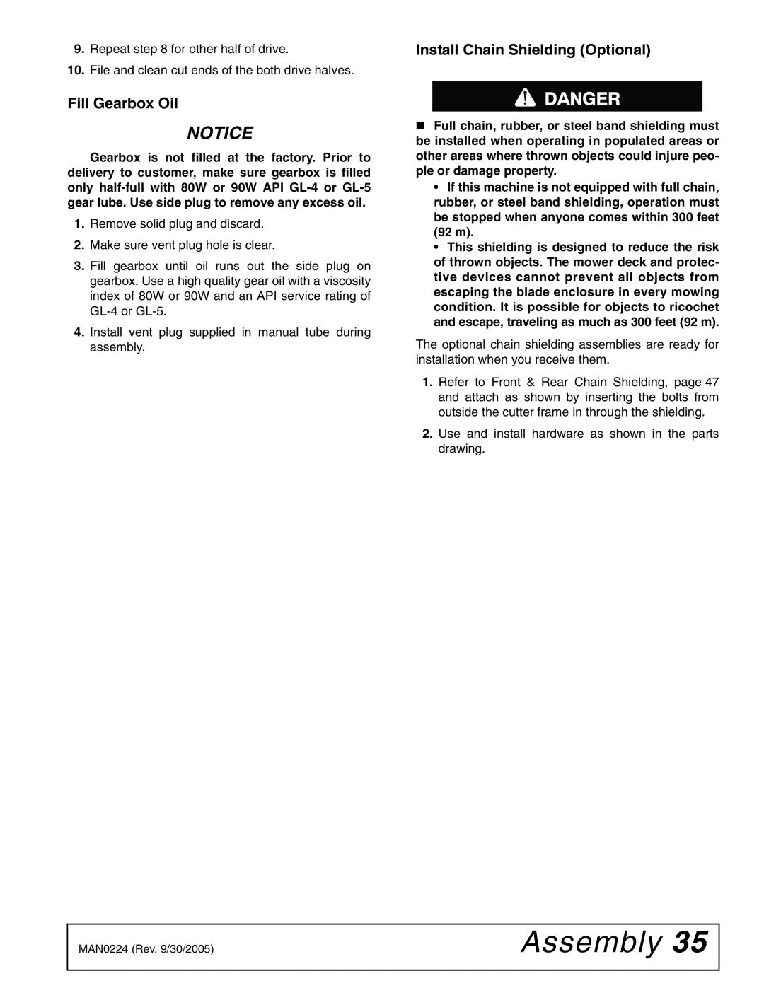 Woods Equipment RCC42 manual Fill Gearbox Oil, Install Chain Shielding Optional 