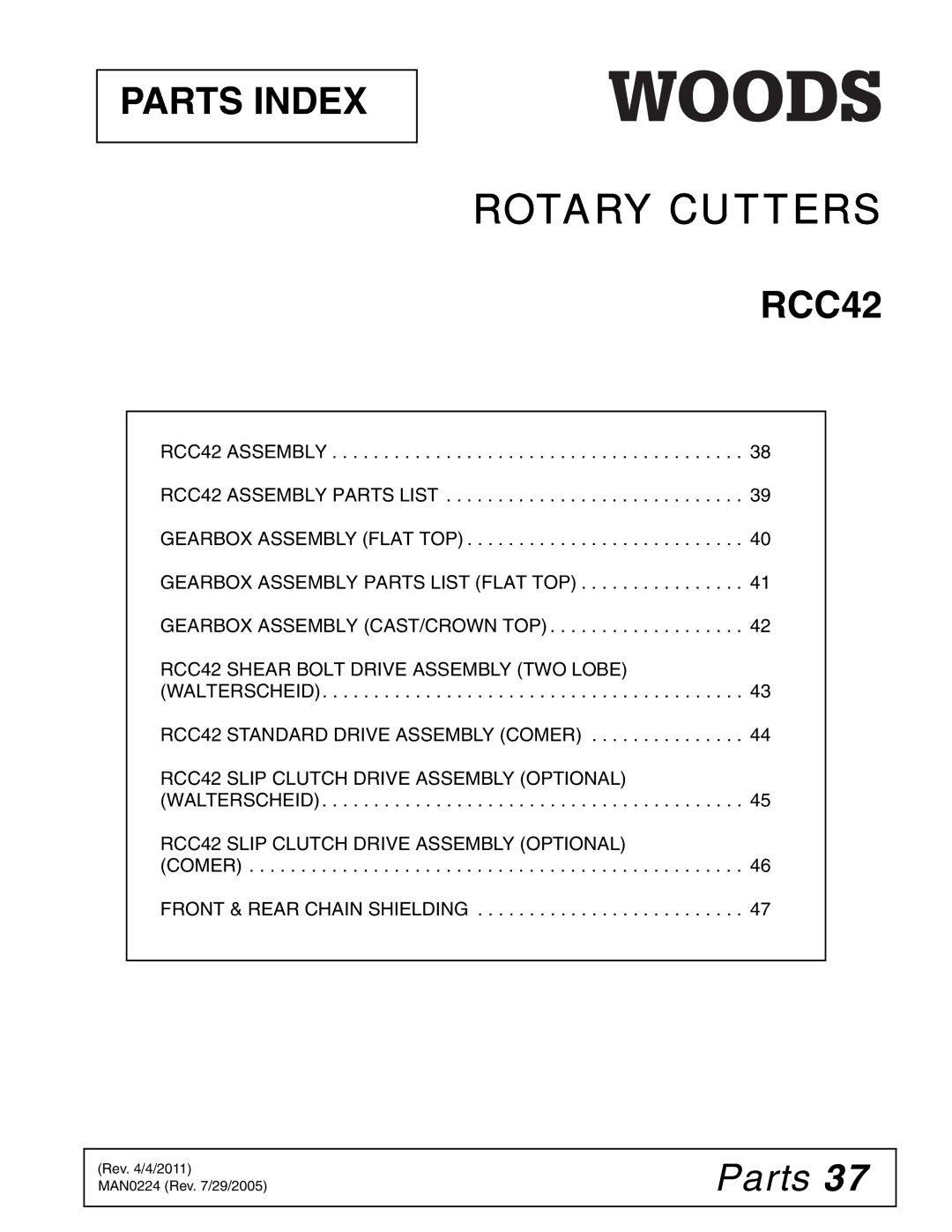 Woods Equipment RCC42 manual Rotary Cutters, Parts 