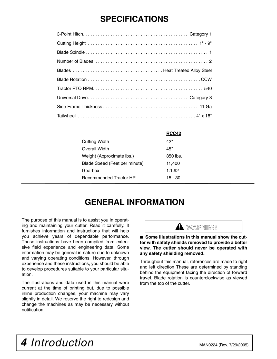 Woods Equipment RCC42 manual Specifications, General Information 