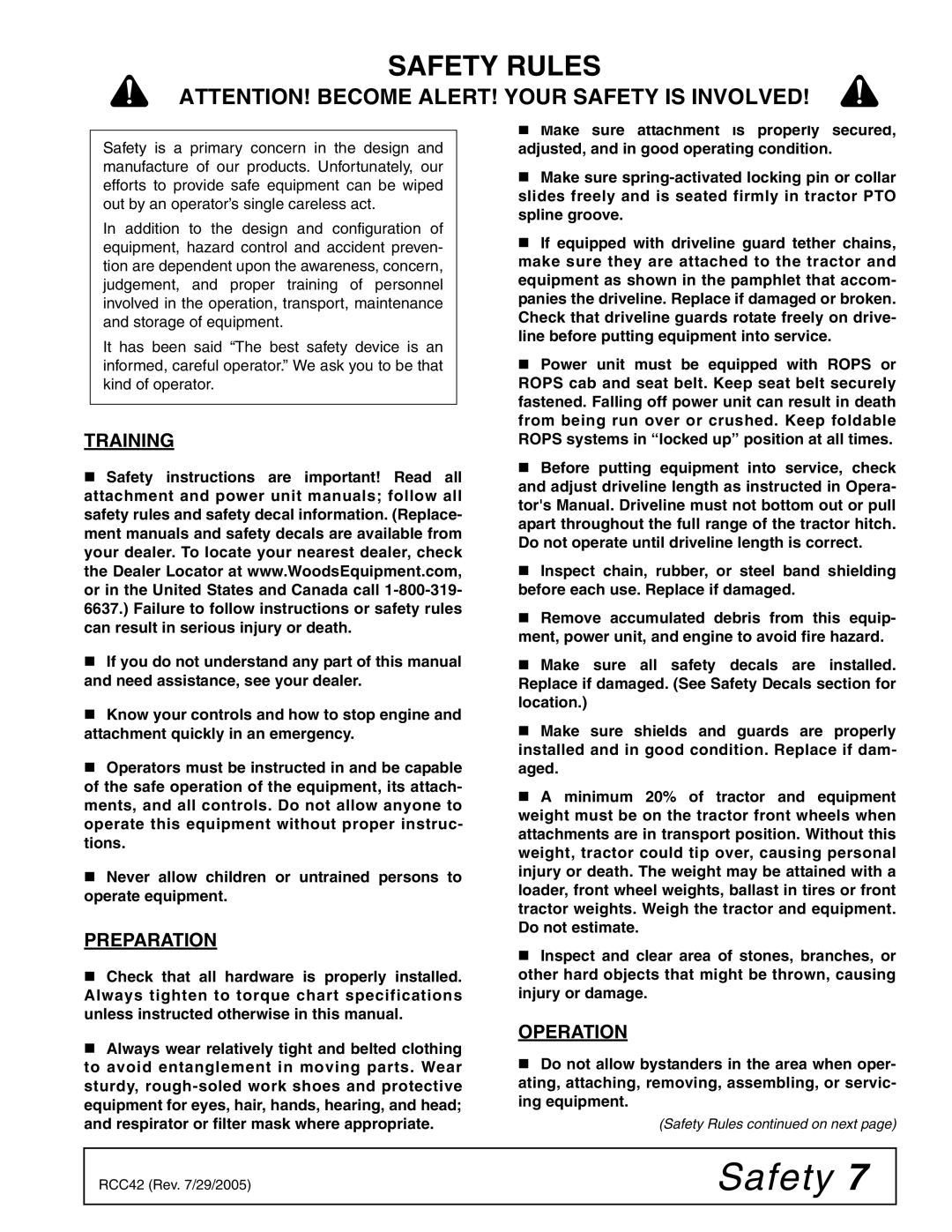 Woods Equipment RCC42 manual Safety Rules, Training, Preparation, Operation 