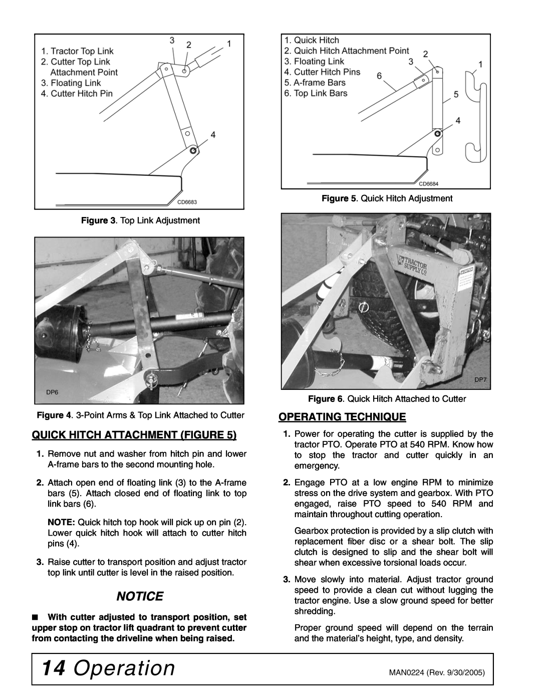 Woods Equipment RCC42 manual Operation, Notice, Quick Hitch Attachment Figure, Operating Technique 