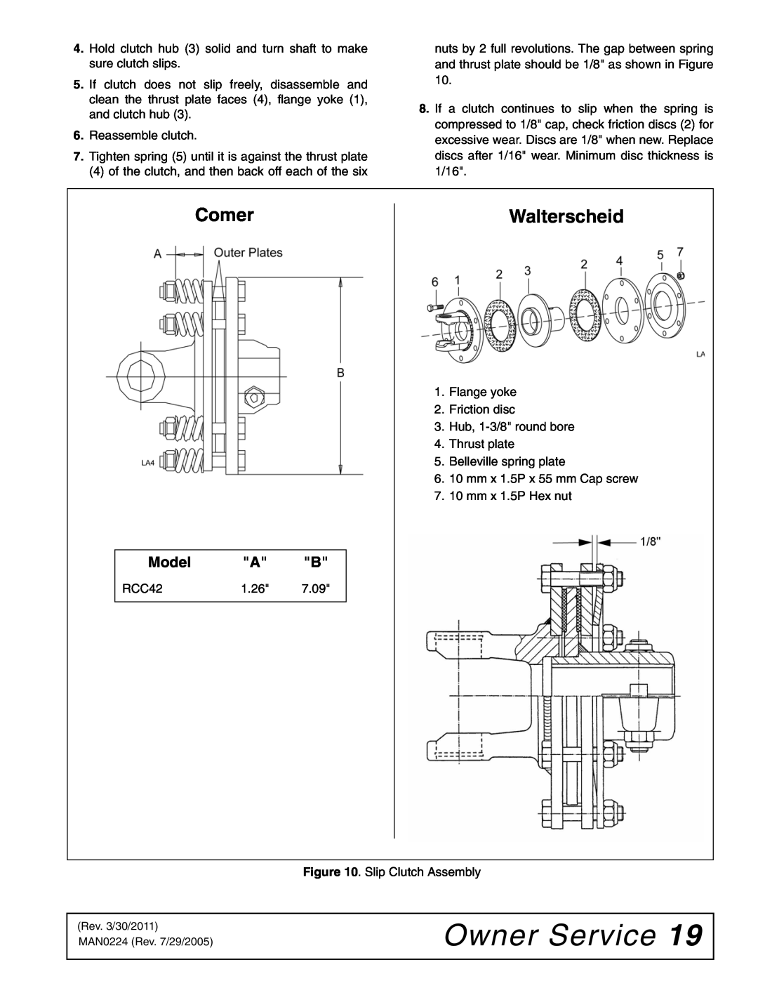 Woods Equipment RCC42 manual Owner Service, Comer, Walterscheid, Model 