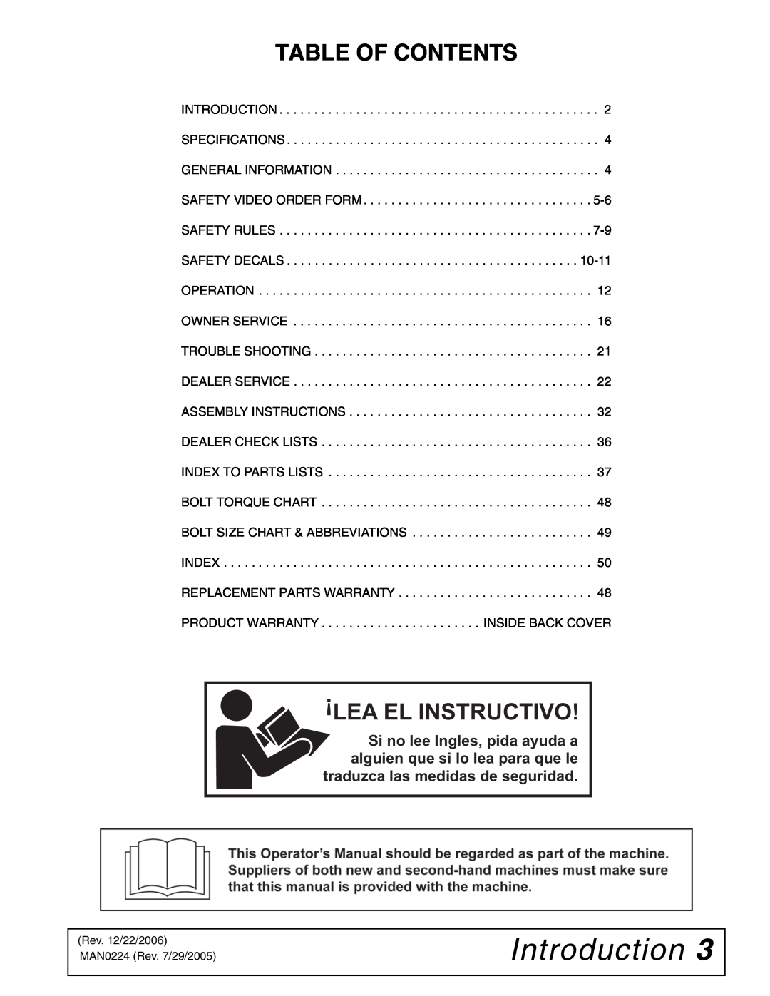 Woods Equipment RCC42 manual Introduction, Table Of Contents, Lea El Instructivo 