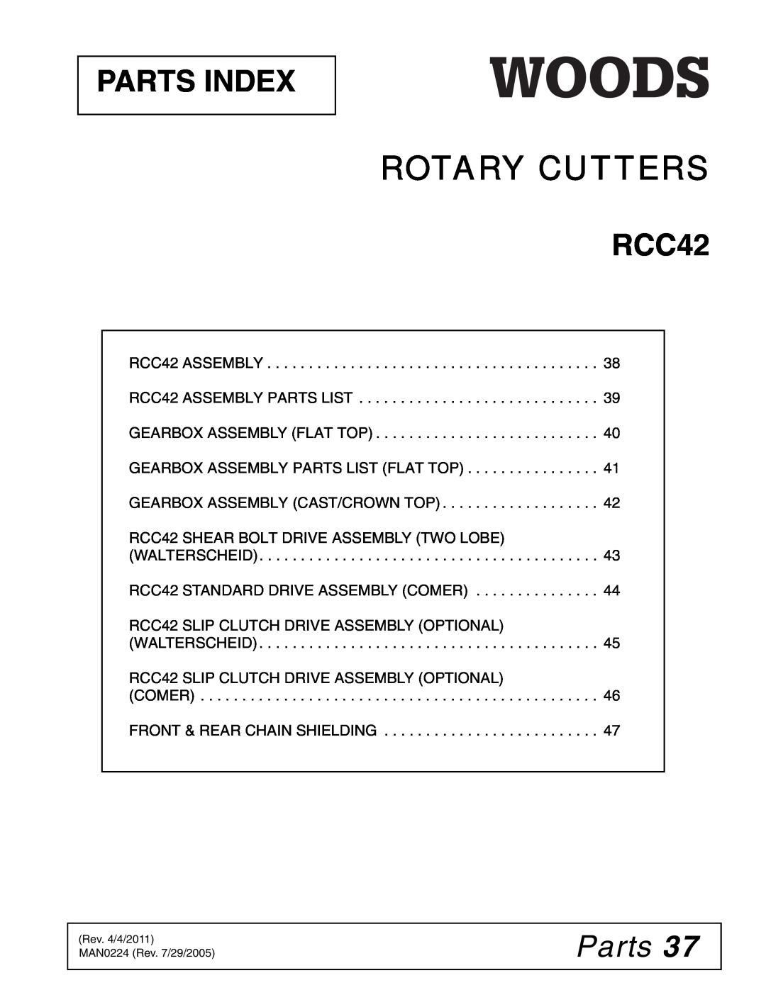 Woods Equipment RCC42 manual Rotary Cutters, Parts Index 