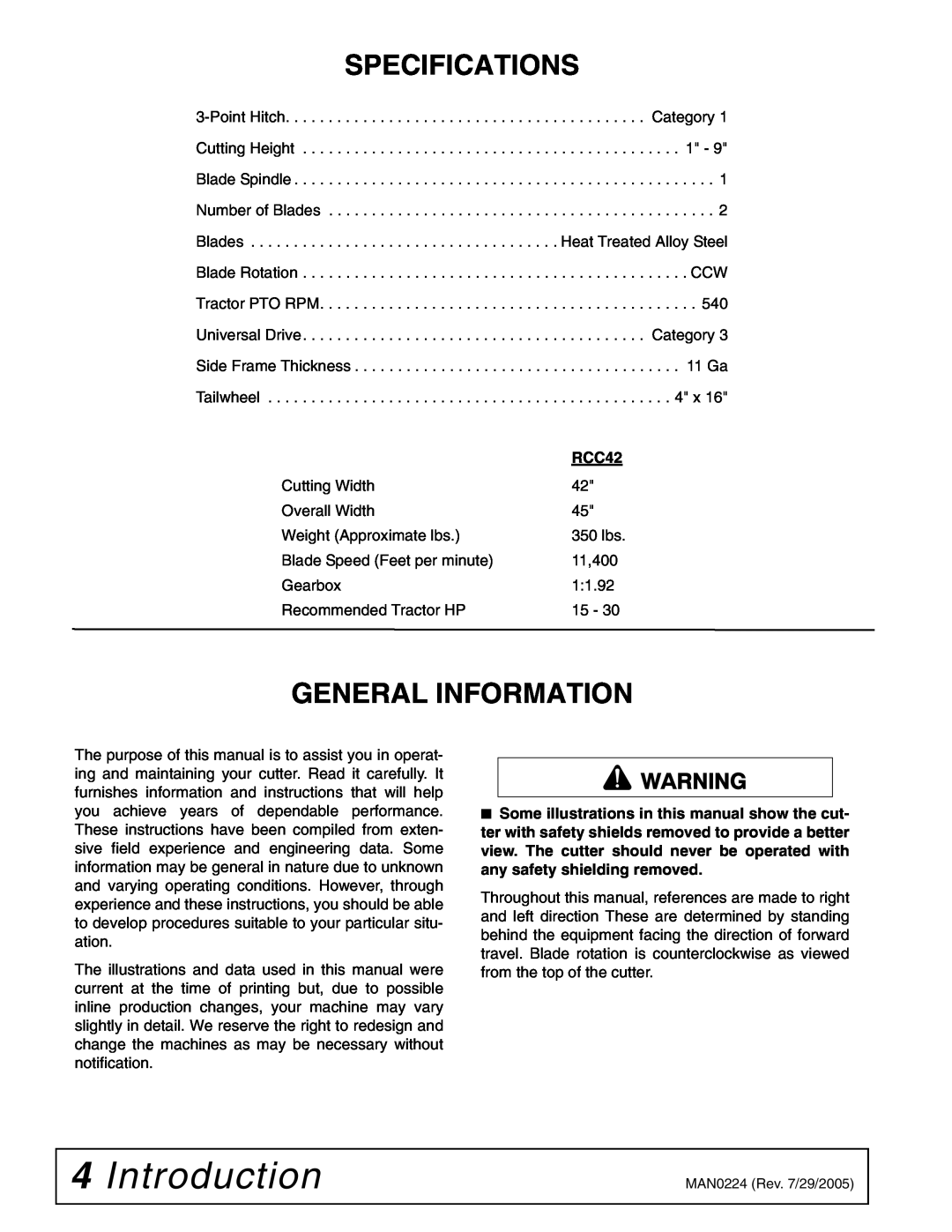 Woods Equipment RCC42 manual Introduction, Specifications, General Information 