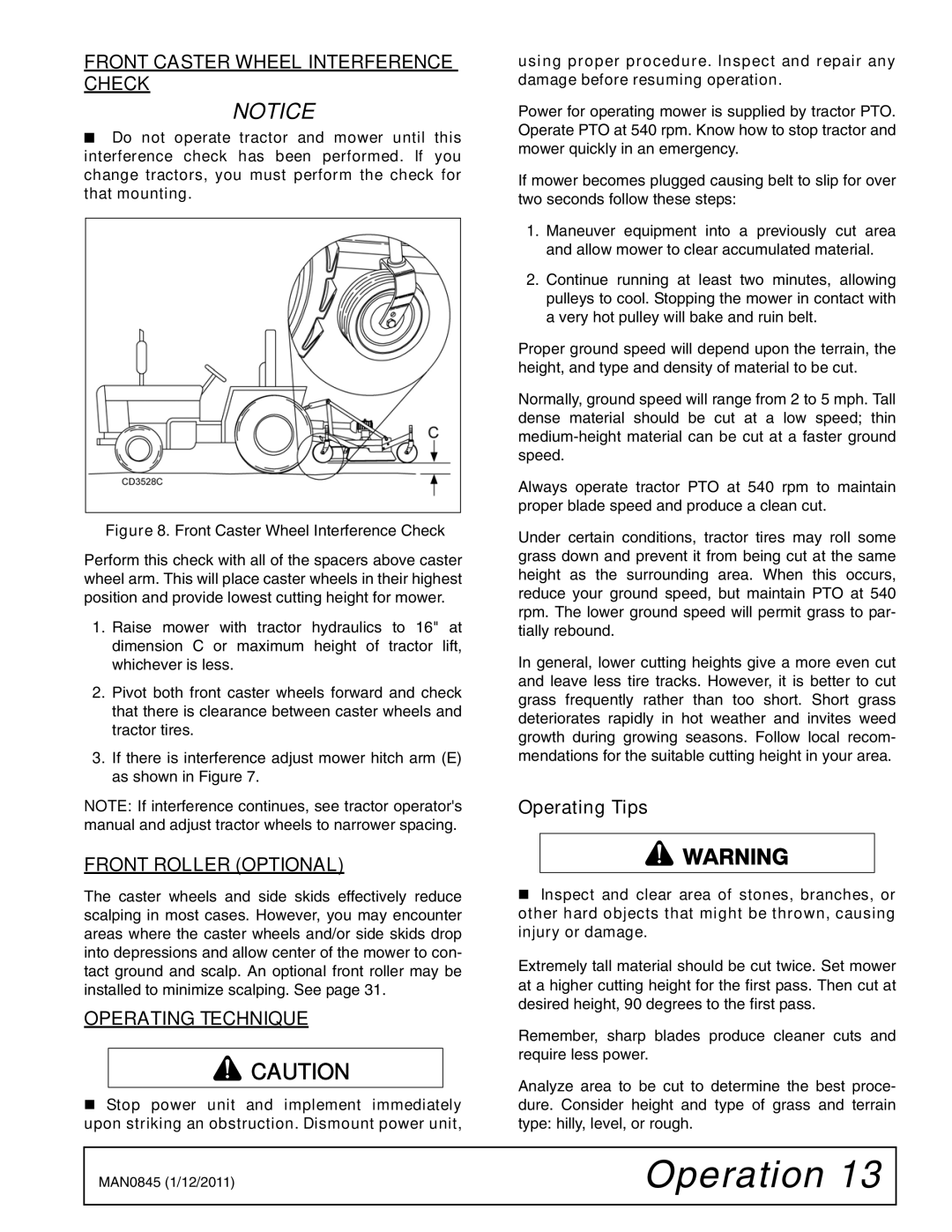 Woods Equipment RD990X Front Caster Wheel Interference Check, Front Roller Optional, Operating Technique, Operating Tips 