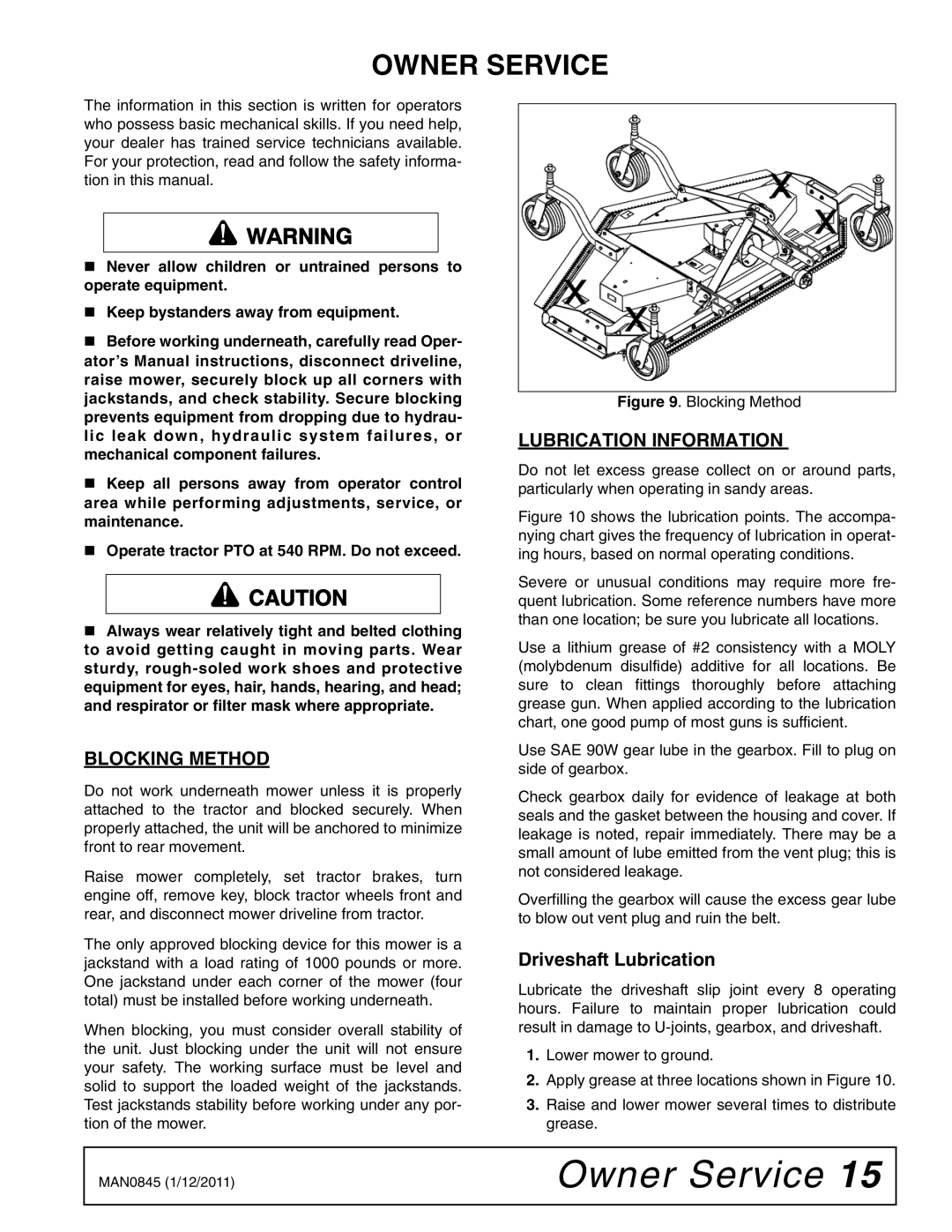 Woods Equipment RD990X manual Owner Service, Blocking Method, Lubrication Information, Driveshaft Lubrication 