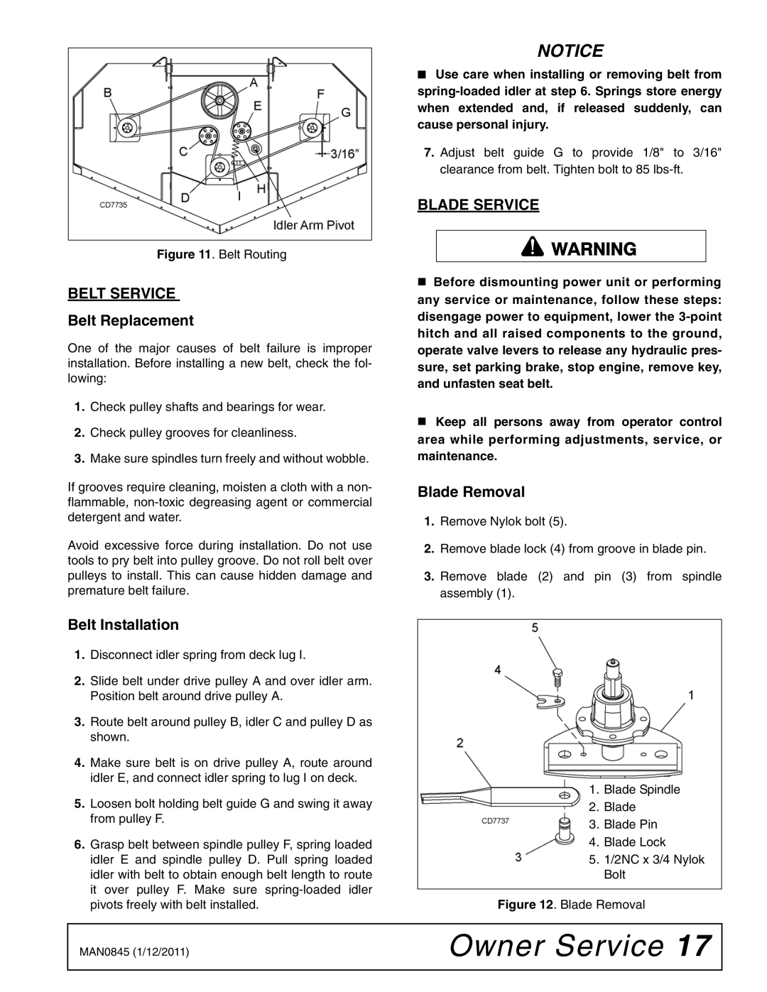 Woods Equipment RD990X manual Belt Service, Belt Replacement, Belt Installation, Blade Service, Blade Removal 