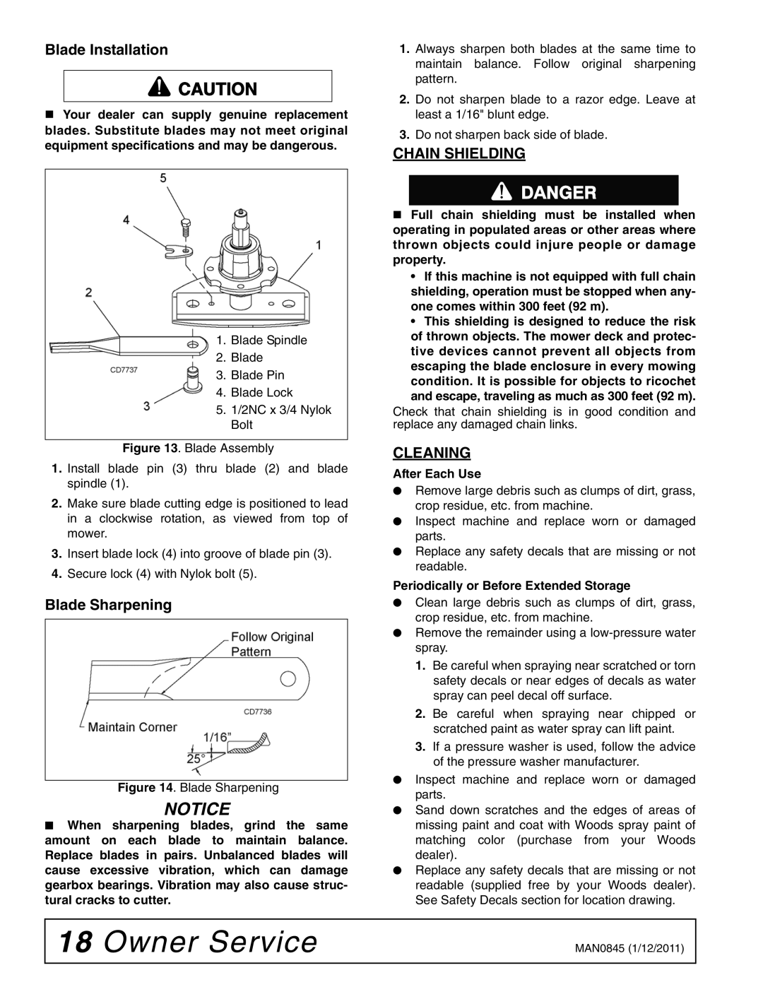 Woods Equipment RD990X manual Blade Installation, Chain Shielding, Cleaning, Blade Sharpening 