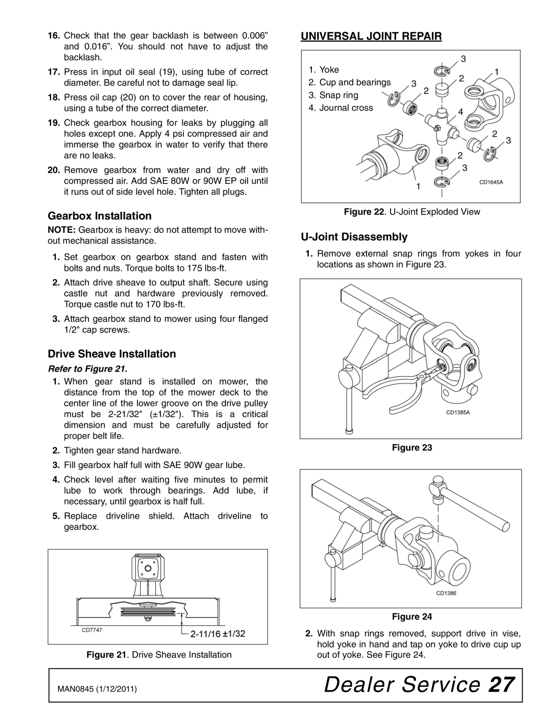 Woods Equipment RD990X manual Gearbox Installation, Drive Sheave Installation, Universal Joint Repair, Joint Disassembly 