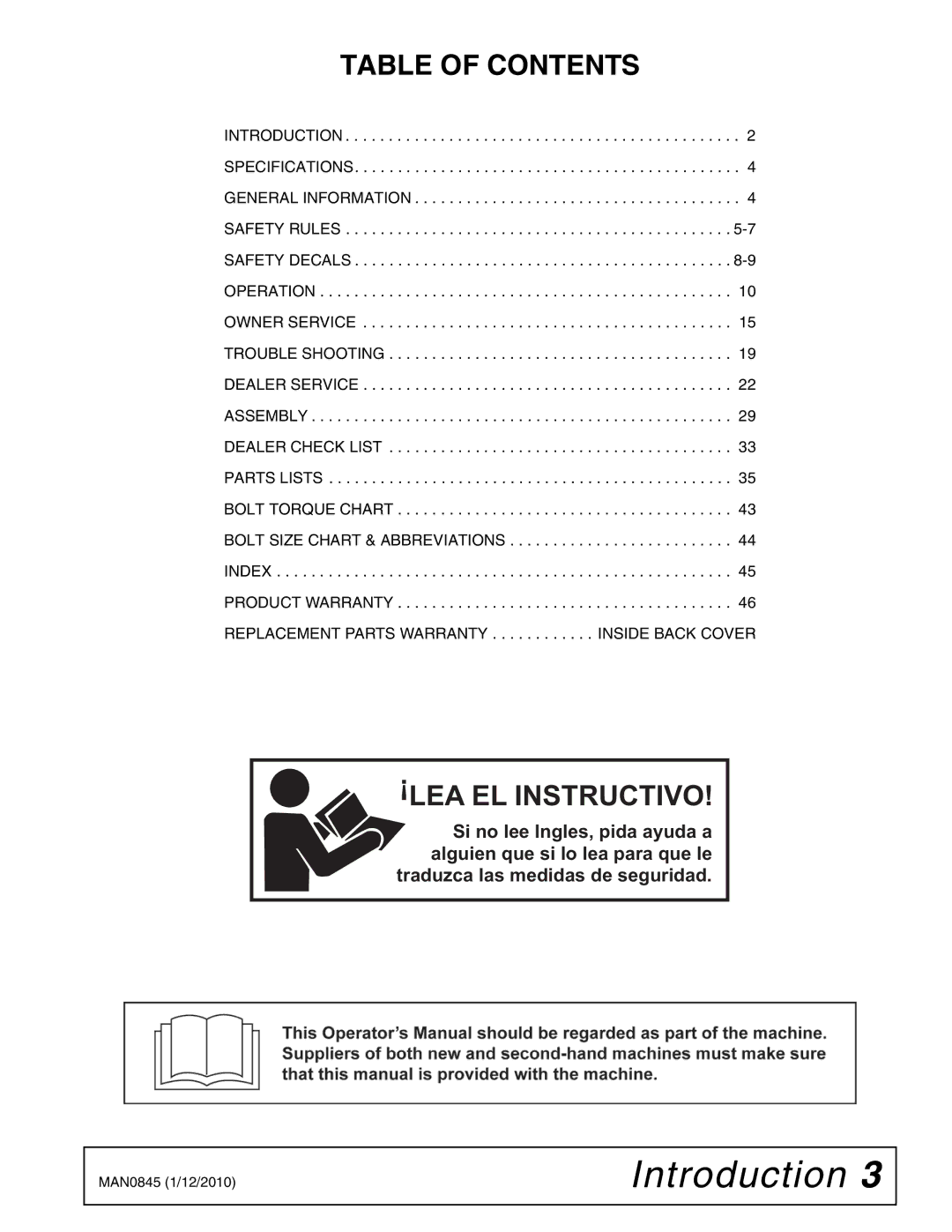 Woods Equipment RD990X manual Table of Contents, LEA EL Instructivo 