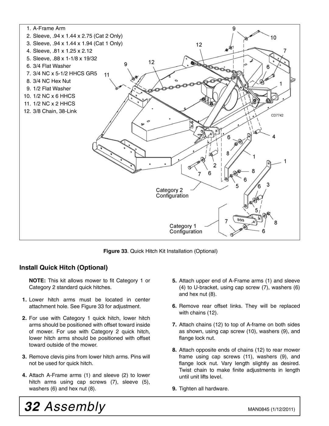 Woods Equipment RD990X manual Install Quick Hitch Optional, Quick Hitch Kit Installation Optional 