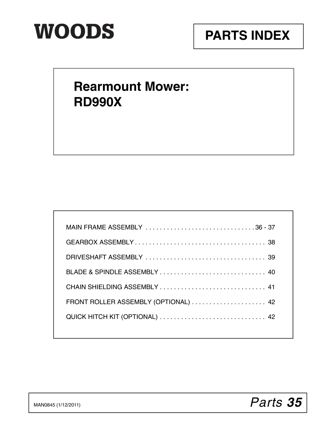 Woods Equipment RD990X manual Parts Index 