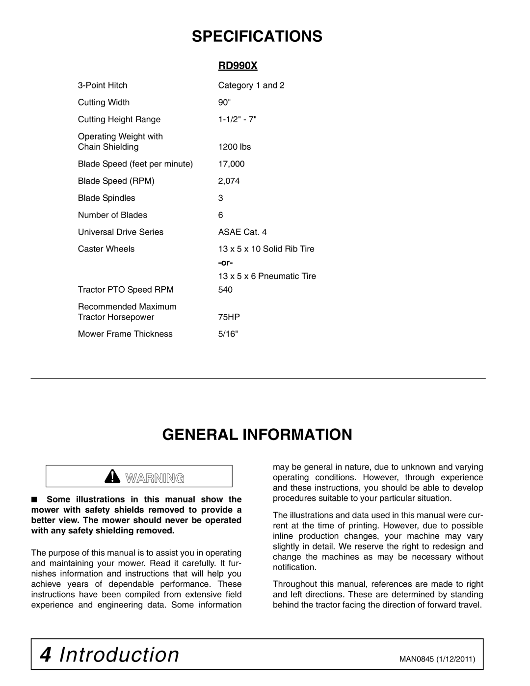 Woods Equipment RD990X manual Specifications, General Information 