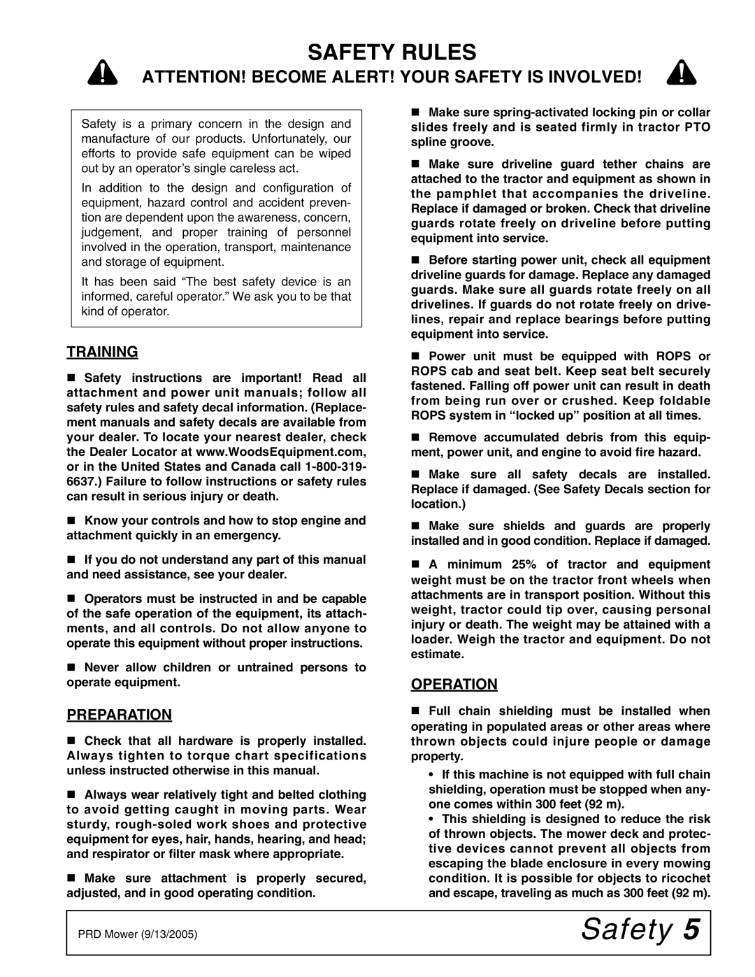 Woods Equipment RD990X manual Safety Rules, Training, Preparation, Operation 