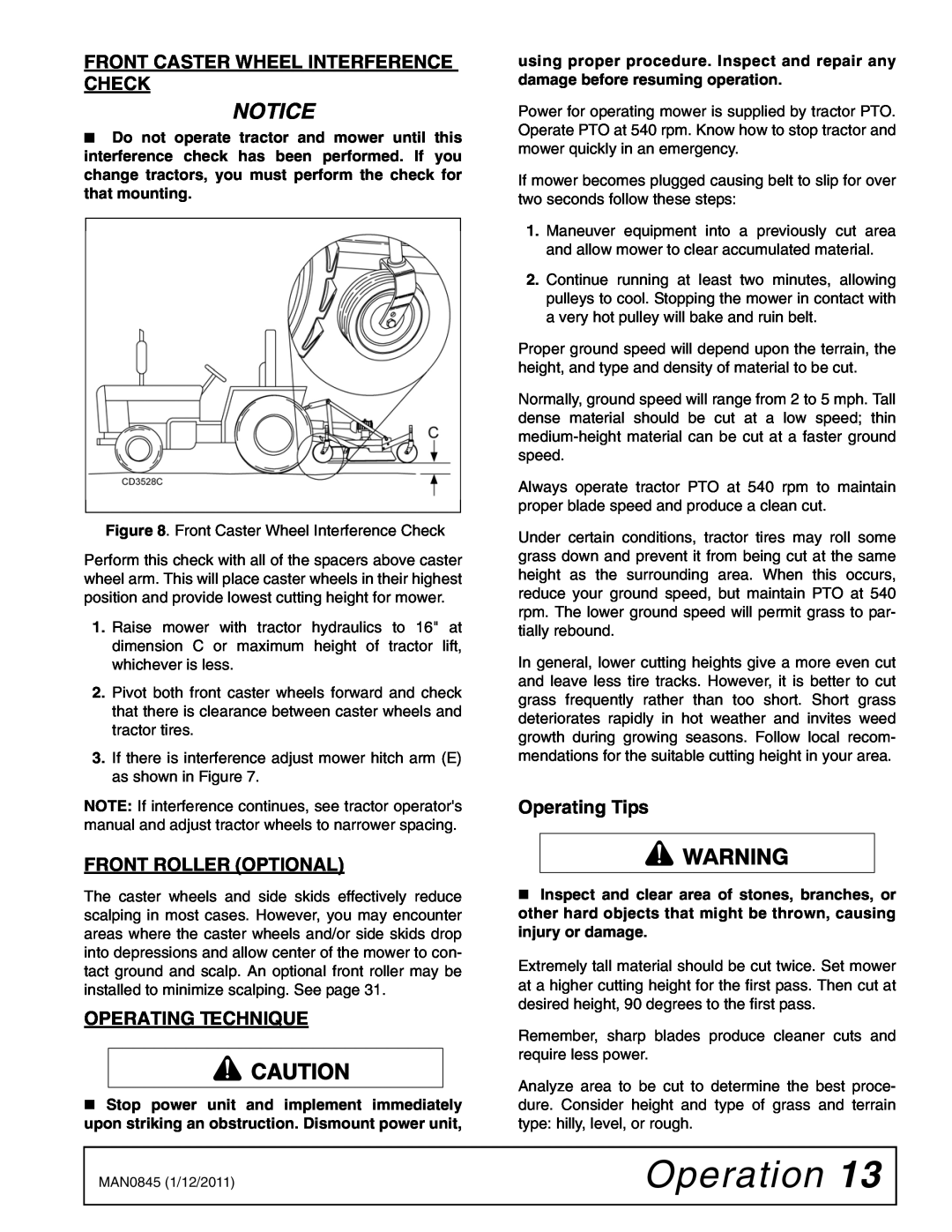 Woods Equipment RD990X Front Caster Wheel Interference Check, Front Roller Optional, Operating Technique, Operating Tips 
