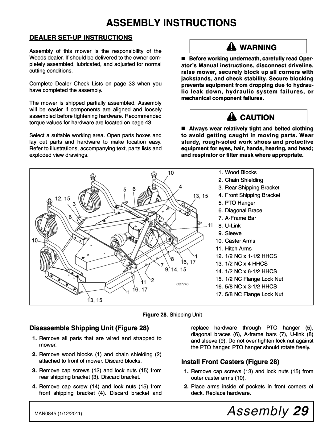 Woods Equipment RD990X manual Assembly Instructions, Dealer Set-Up Instructions, Disassemble Shipping Unit Figure 