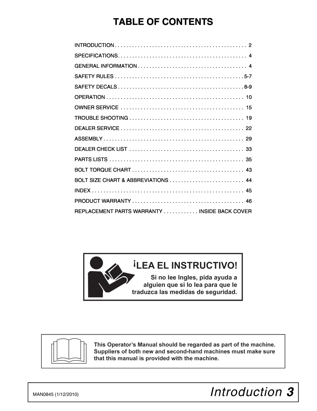 Woods Equipment RD990X manual Introduction, Table Of Contents, Lea El Instructivo 