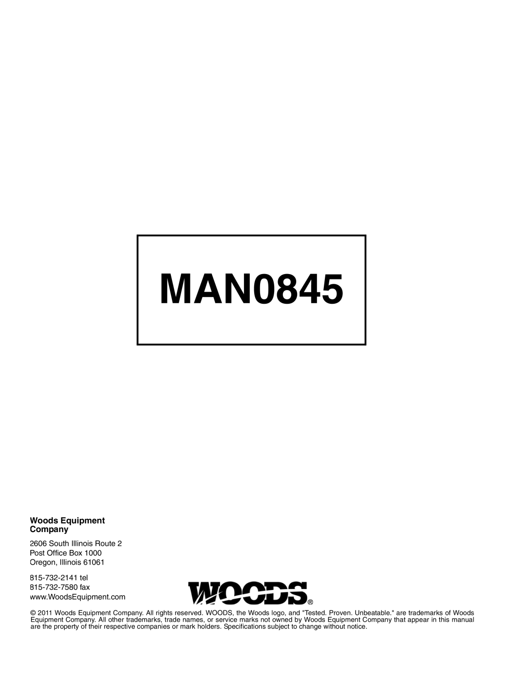 Woods Equipment RD990X manual MAN0845, Woods Equipment Company 