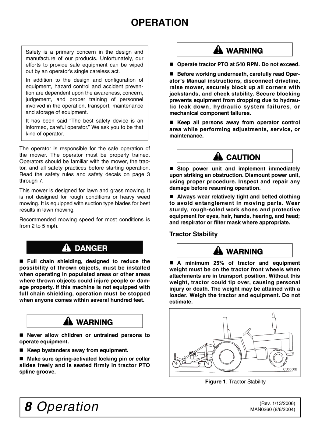 Woods Equipment RDC54, RD60, RD72 manual Operation, Tractor Stability, Respirator or filter mask where appropriate 