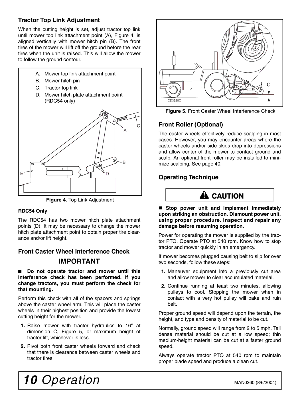 Woods Equipment RDC54, RD60, RD72 Tractor Top Link Adjustment, Front Caster Wheel Interference Check, Operating Technique 