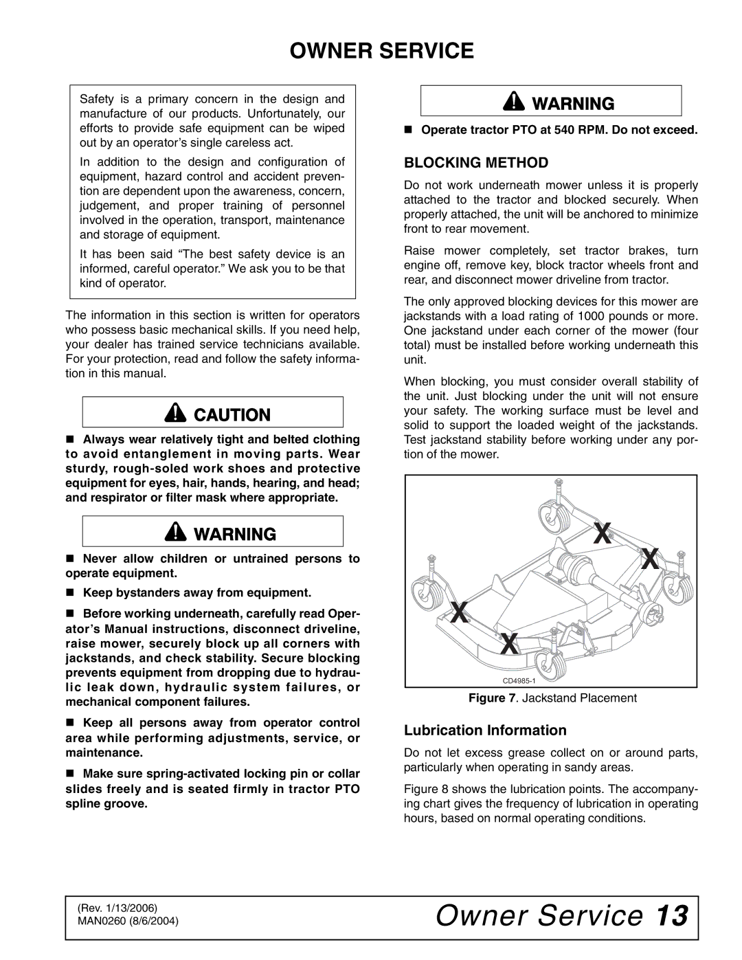 Woods Equipment RDC54, RD60, RD72 manual Owner Service, Blocking Method, Lubrication Information 