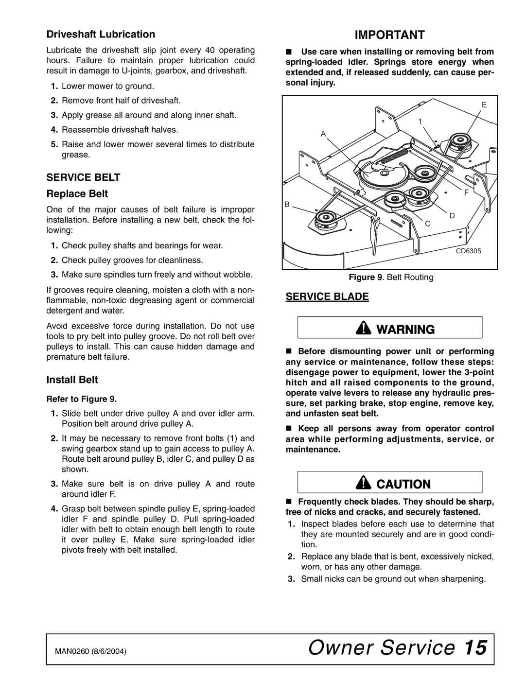 Woods Equipment RDC54, RD60, RD72 manual Driveshaft Lubrication, Service Belt, Replace Belt, Install Belt, Service Blade 