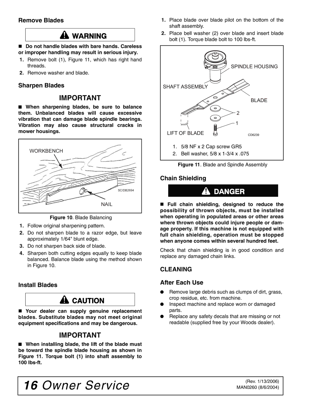 Woods Equipment RDC54, RD60, RD72 manual Sharpen Blades, Install Blades, Chain Shielding, Cleaning, After Each Use 