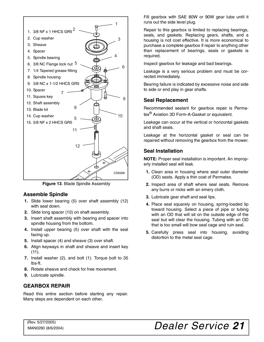 Woods Equipment RDC54, RD60, RD72 manual Assemble Spindle, Gearbox Repair, Seal Replacement, Seal Installation 