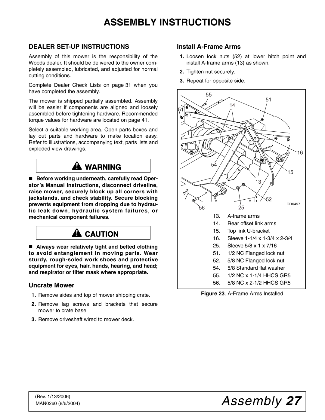 Woods Equipment RDC54, RD60, RD72 manual Assembly Instructions, Dealer SET-UP Instructions, Uncrate Mower 