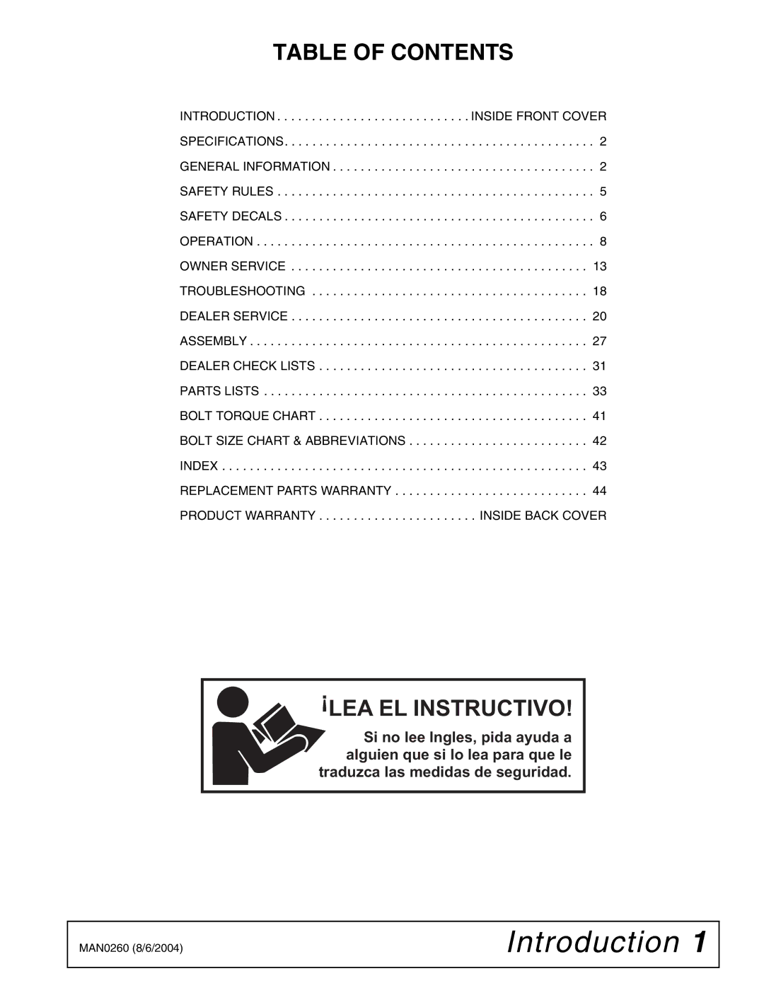 Woods Equipment RDC54, RD60, RD72 manual Table of Contents, LEA EL Instructivo 